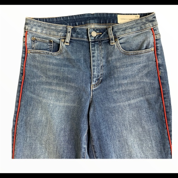 VINCE CAMUTO Cuffed Straight Leg Jeans With Racer Red Stripe & Pockets Blue Sz 4 - Picture 5 of 11